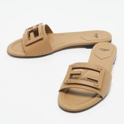 Pre Owned Fendi Beige Leather Baguette Flat Slides Size 38.5