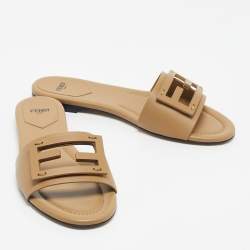 Pre Owned Fendi Beige Leather Baguette Flat Slides Size 38.5