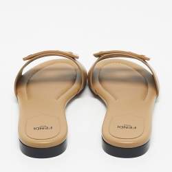 Pre Owned Fendi Beige Leather Baguette Flat Slides Size 38.5
