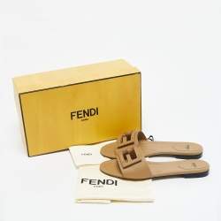 Pre Owned Fendi Beige Leather Baguette Flat Slides Size 38.5