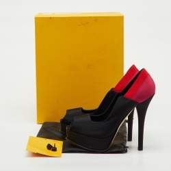 Pre Owned Fendi Tricolor Colorblock Canvas Fendista Peep Toe Platform Pumps Size 39.5