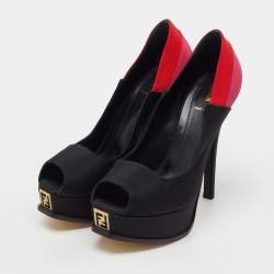 Pre Owned Fendi Tricolor Colorblock Canvas Fendista Peep Toe Platform Pumps Size 39.5