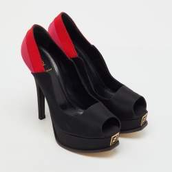 Pre Owned Fendi Tricolor Colorblock Canvas Fendista Peep Toe Platform Pumps Size 39.5