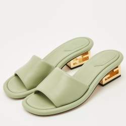 Pre Owned Fendi Green Leather Baguette Heel Slide Sandals Size 38.5