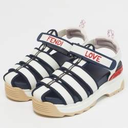 Pre Owned Fendi White/Navy Blue Leather and Mesh T-Rex Platform Sandals Size 36
