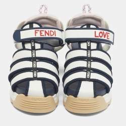 Pre Owned Fendi White/Navy Blue Leather and Mesh T-Rex Platform Sandals Size 36