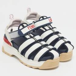 Pre Owned Fendi White/Navy Blue Leather and Mesh T-Rex Platform Sandals Size 36