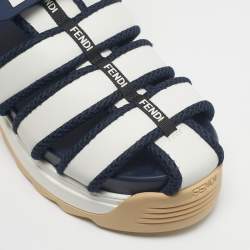 Pre Owned Fendi White/Navy Blue Leather and Mesh T-Rex Platform Sandals Size 36