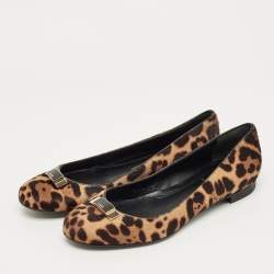 Pre Owned Fendi Black/Brown Leopard Print Calf Hair Bow Ballet Flats Size 39