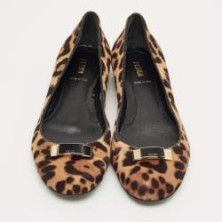 Pre Owned Fendi Black/Brown Leopard Print Calf Hair Bow Ballet Flats Size 39