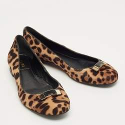 Pre Owned Fendi Black/Brown Leopard Print Calf Hair Bow Ballet Flats Size 39
