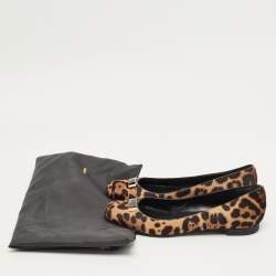 Pre Owned Fendi Black/Brown Leopard Print Calf Hair Bow Ballet Flats Size 39