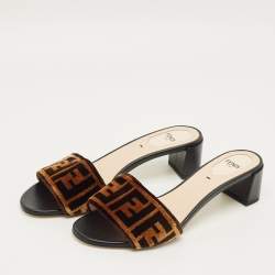 Pre Owned Fendi Brown Velvet FF Logo Zucca Slide Sandals Size 37.5