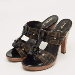 Pre Owned Fendi Brown Canvas and Patent Leather Zucca Slide Sandals Size 40.5