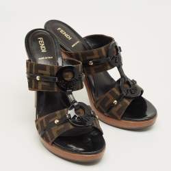 Pre Owned Fendi Brown Canvas and Patent Leather Zucca Slide Sandals Size 40.5