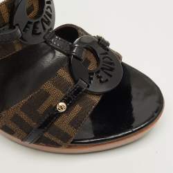 Pre Owned Fendi Brown Canvas and Patent Leather Zucca Slide Sandals Size 40.5