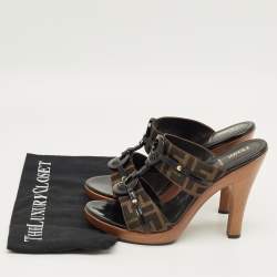 Pre Owned Fendi Brown Canvas and Patent Leather Zucca Slide Sandals Size 40.5