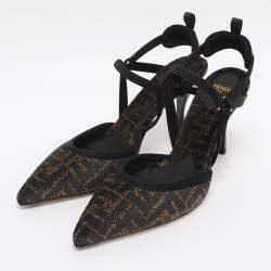 Pre Owned Fendi Black/Beige Jacquard Chenille Slingback Sandals Size 40