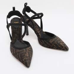 Pre Owned Fendi Black/Beige Jacquard Chenille Slingback Sandals Size 40