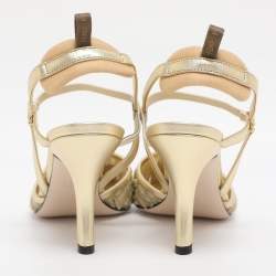 Pre Owned Fendi Gold Jacquard and Mesh Colibri Slingback Sandals Size 39