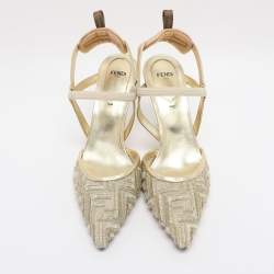 Pre Owned Fendi Gold Jacquard and Mesh Colibri Slingback Sandals Size 39