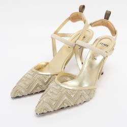 Pre Owned Fendi Gold Jacquard and Mesh Colibri Slingback Sandals Size 39