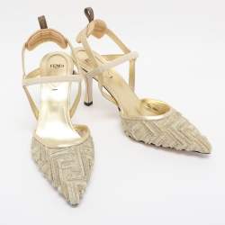 Pre Owned Fendi Gold Jacquard and Mesh Colibri Slingback Sandals Size 39