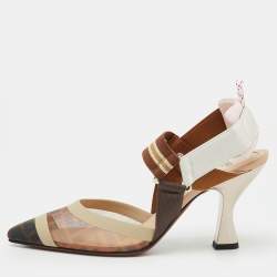 Pre Owned Fendi Multicolor Zucca Mesh and Fabric Colibri Slingback Pumps Size 37.5