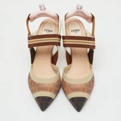 Pre Owned Fendi Multicolor Zucca Mesh and Fabric Colibri Slingback Pumps Size 37.5