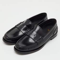 Pre Owned Fendi Black Brushed Leather Logo Slip On Loafers Size 38