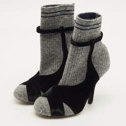 مملوكة مسبقًا حذاء بوت فنزدي تويد ومخملي رمادي/أسود مقاس 36