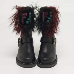 Pre Owned Fendi Caroline Size 35 Black Leather and Fur Combat Boots