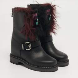 Pre Owned Fendi Caroline Size 35 Black Leather and Fur Combat Boots