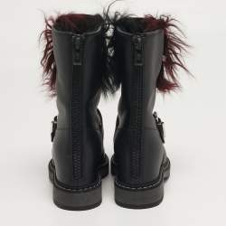 Pre Owned Fendi Caroline Size 35 Black Leather and Fur Combat Boots