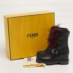 Pre Owned Fendi Caroline Size 35 Black Leather and Fur Combat Boots
