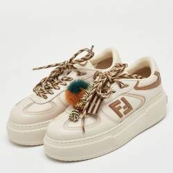Pre Owned Fendi Match Charm Size 37 Cream/Brown Leather Platform Low Top Sneakers