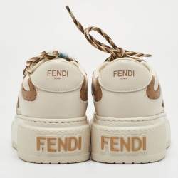 Pre Owned Fendi Match Charm Size 37 Cream/Brown Leather Platform Low Top Sneakers