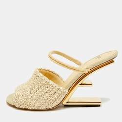مملوكة مسبقًا صندل سلايد فنشي كعب مقاس 40 منسوج ذهبي بني فاتح