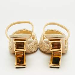 Pre Owned Fendi First Heel Size 40 Beige Woven Raffia Slide Sandals