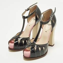 Pre Owned Fendi Chameleon Size 35.5 Black Patent Leather Ankle Strap Sandals
