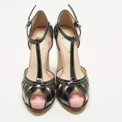 Pre Owned Fendi Chameleon Size 35.5 Black Patent Leather Ankle Strap Sandals