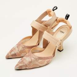 Pre Owned Fendi Colibri Size 41 Beige Fabric and Mesh Crystal Embellished Slingback Pumps