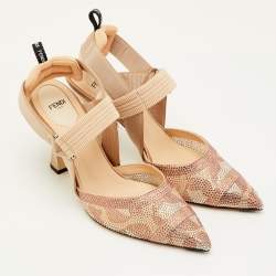Pre Owned Fendi Colibri Size 41 Beige Fabric and Mesh Crystal Embellished Slingback Pumps