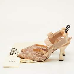 Pre Owned Fendi Colibri Size 41 Beige Fabric and Mesh Crystal Embellished Slingback Pumps