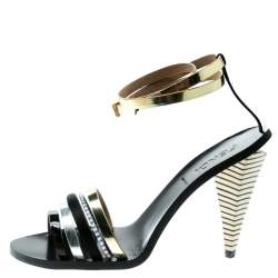 Pre Owned Fendi Multicolor Leather And Satin Ankle Wrap Strappy Sandals Size 39