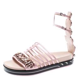 مملوكة مسبقًا Fendi Pink Leather Crocodile Crystal Embellished Flat Platform Sandals Size 39