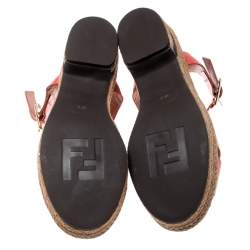 Pre Owned Fendi Pink Lizard Embossed Leather Hydra Cross Strap Espadrille Platform Sandals Size 38.5