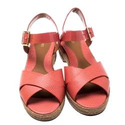 Pre Owned Fendi Pink Lizard Embossed Leather Hydra Cross Strap Espadrille Platform Sandals Size 38.5