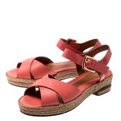 Pre Owned Fendi Pink Lizard Embossed Leather Hydra Cross Strap Espadrille Platform Sandals Size 38.5