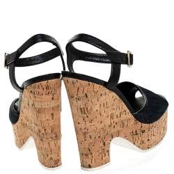 Pre Owned Fendi Blue Denim and Black Lizard Embossed Leather Cork Wedge Platform Ankle Strap Sandals Size 39.5